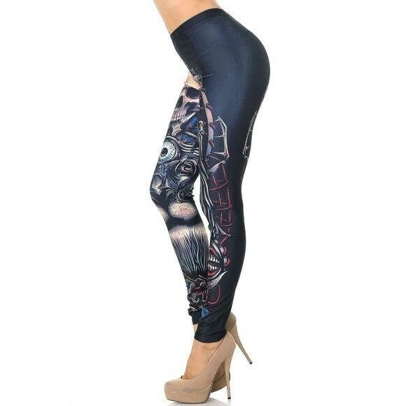Reg one Size Halloween Ugly Skull Leggings Black - Picture 3 of 10